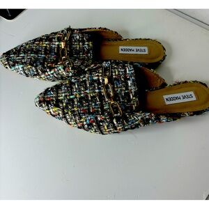 Steve Madden Cassidy Slides tweed mule flat gold chain
